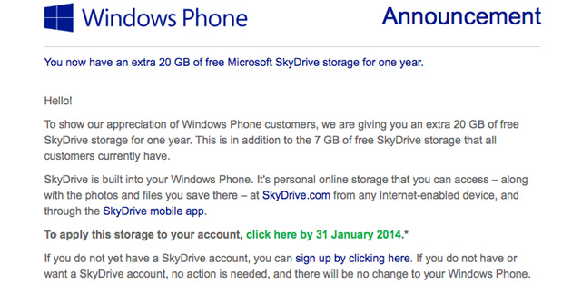 Got Windows Phone? You have 20GB of bonus SkyDrive space for the next year
