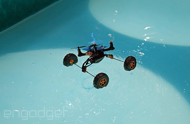 This remote-controlled car moves on land, sea and air