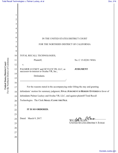 Total Recall Technologies v. Palmer Luckey, et al - Judgement