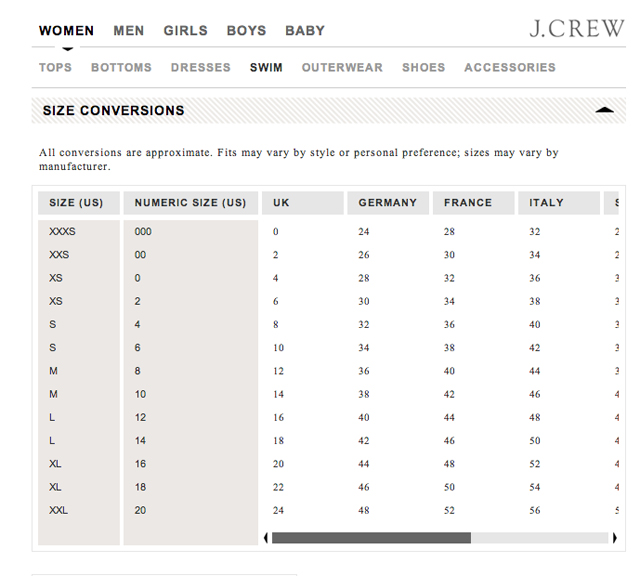 J Crew Women's Size Chart