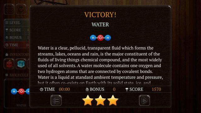 Victory screen with information about the molecule water in Atoms HD
