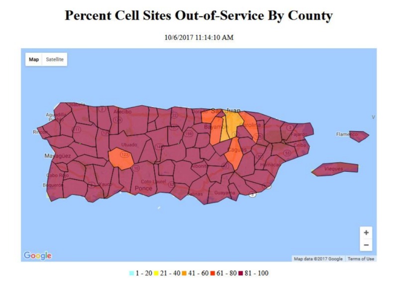 Cell services outages by county in Puerto Rico