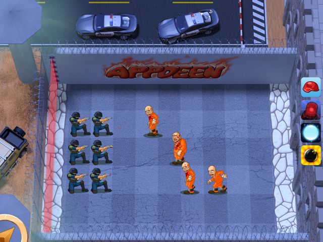 Six police characters line up against four prisoners trying to escape in Prison Defense