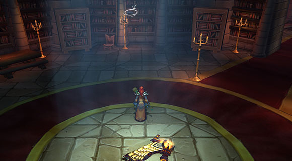 A troll mage stands in front of bookshelves with one book highlighted.