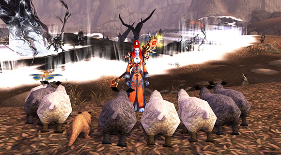 A troll mage stands in front of a flock of sheep.