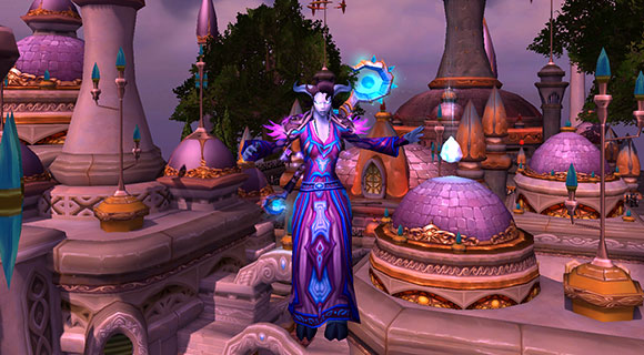A draenei mage wearing a purple robe floats in midair above the city of Dalaran