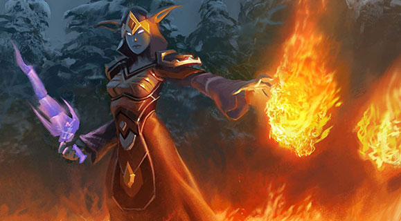 A draenei mage holds a fireball while surrounded by a field of fire.