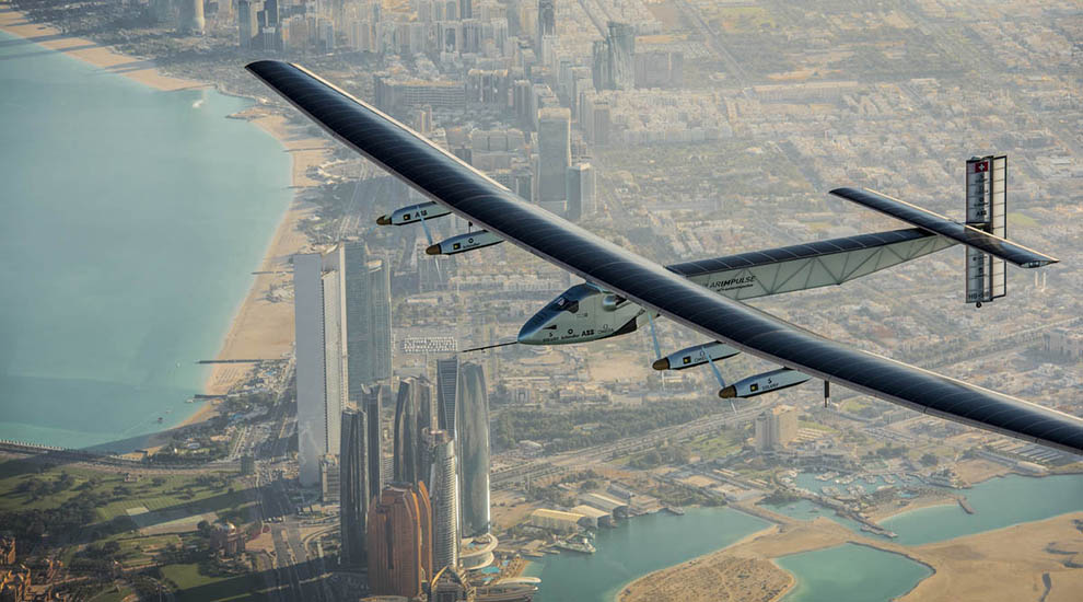 Abu Dhabi, UAE, March 1rst 2015: Solar Impulse 2, the only solar single-seater airplane able to fly day and night without a drop of fuel, is flying over Abu Dhabi (UAE) undertaking preparation flights for the first ever Round-The-World Solar Flight which will be attempted starting early March from Abu Dhabi. Swiss founders and pilots, Bertrand Piccard and AndrÃˆ Borschberg, hope to demonstrate how pioneering spirit, innovation and clean technologies can change the world. The duo will take turns flying Solar Impulse 2, changing at each stop and will fly over the Arabian Sea, to India, to Myanmar, to China, across the Pacific Ocean, to the United States, over the Atlantic Ocean to Southern Europe or Northern Africa before finishing the journey by returning to the initial departure point. Landings will be made every few days to switch pilots and organize public events for governments, schools and universities.