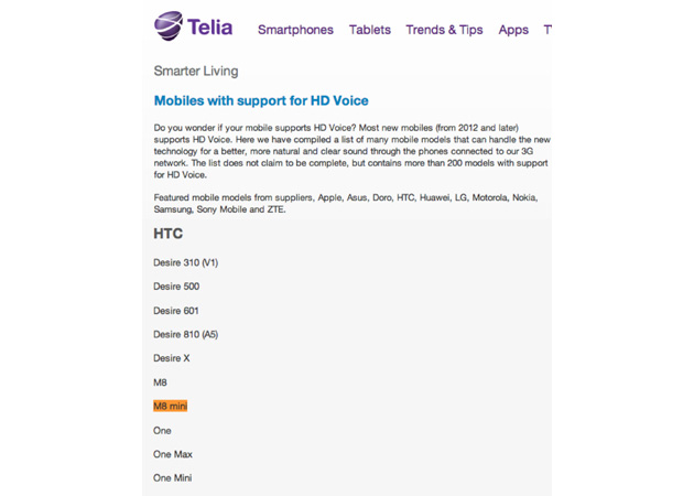 HTC One M8 Mini listing on Telia's site