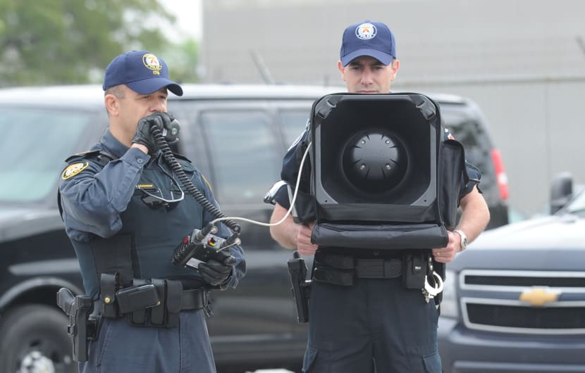 June 3, 2010 Police demonstrate the Long Range Acoustic Device (LRAD). Insp. Gary Meissner, left, an