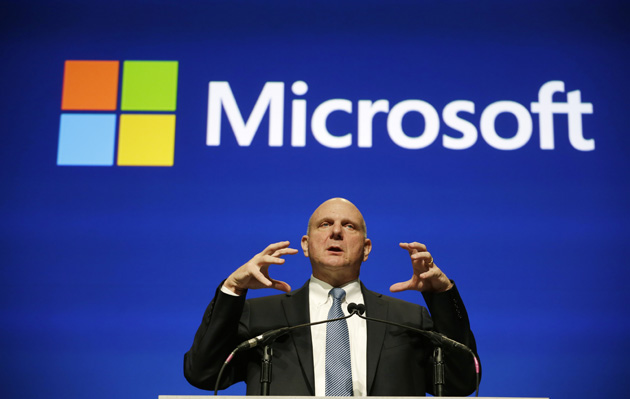 Microsoft CEO Steve Ballmer speaks at the company's annual shareholders meeting Tuesday, Nov. 19, 2013, in Bellevue, Wash. (AP Photo/Elaine Thompson)
