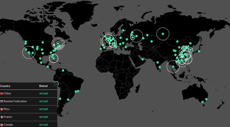 Screenshot of live-updating map of WCrypt infections