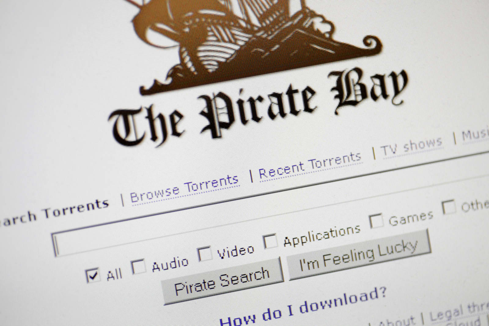 'Bucharest, Romania - January 10, 2012: The Pirate Bay website main page is displayed on a computer screen. The Pirate Bay is a