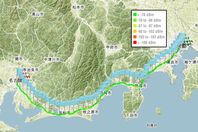 電波調査隊が行く、GW直前の東海道新幹線・東京－名古屋間LTE品質調査