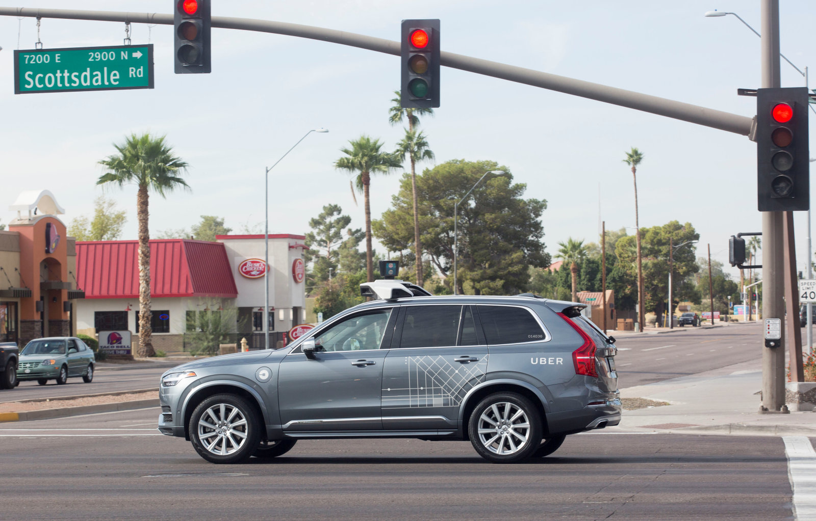 A self driving Volvo vehicle, purchased by Uber, moves through an intersection in Scottsdale, Arizona, U.S., December 1, 2017.  Photo taken on December 1, 2017.  REUTERS/Natalie Behring