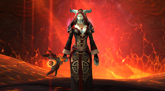 A draenei mage in front of a firey background