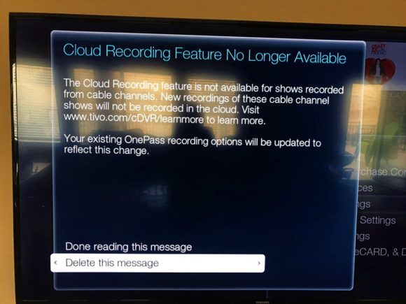 TiVo Bolt cloud DVR message