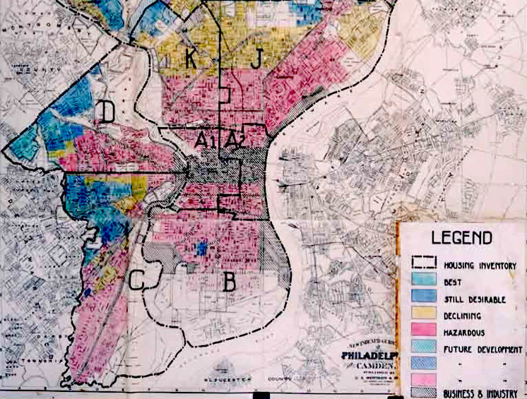 A HOLC 1936 security map of Philadelphia showing redlining of lower income neighborhoods.