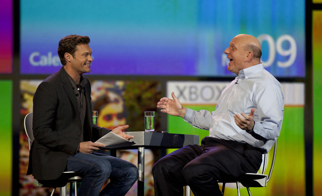 Microsoft CEO Steve Ballmer, right, talks with Ryan Seacrest during his keynote address at the 2012 International CES tradeshow, Monday, Jan. 9, 2012, in Las Vegas. CES, the world's largest consumer electronics exhibition starts Tuesday. (AP Photo/Julie Jacobson)