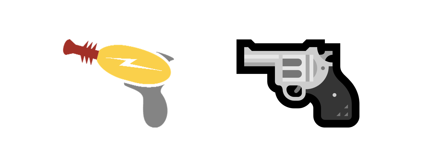 Left: The Windows 8.1 gun emoji. Right: The new WIndows 10 gun
