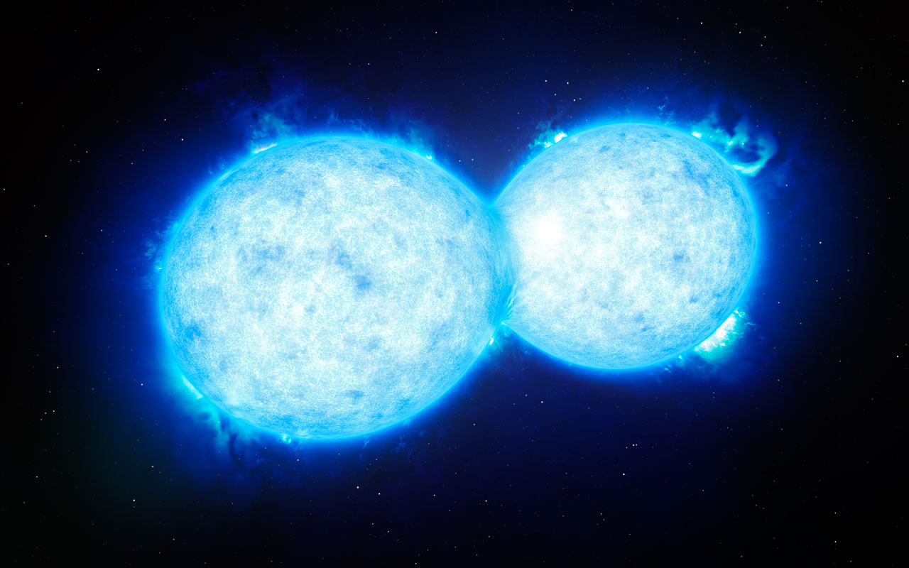 This artistâ€™s impression shows VFTS 352 â€” the hottest and most massive double star system to date where the two components are in contact and sharing material. The two stars in this extreme system lie about 160 000 light-years from Earth in the Large Magellanic Cloud. This intriguing system could be heading for a dramatic end, either with the formation of a single giant star or as a future binary black hole.