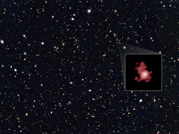This image shows the position of the most distant galaxy discovered so far within a deep sky Hubble Space Telescope survey called GOODS North (Great Observatories Origins Deep Survey North). The survey field contains tens of thousands of galaxies stretching far back into time.  The remote galaxy GN-z11, shown in the inset, existed only 400 million years after the Big Bang, when the Universe was only 3 percent of its current age. It belongs to the first generation of galaxies in the Universe and its discovery provides new insights into the very early Universe. This is the first time that the distance of an object so far away has been measured from its spectrum, which makes the measurement extremely reliable.  GN-z11 is actually ablaze with bright, young, blue stars but these look red in this image because its light was stretched to longer, redder, wavelengths by the expansion of the Universe.