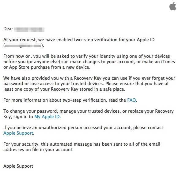 Email from Apple regarding two-step authentication 