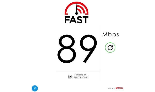 My Fast.com results on a Comcast cable connection: 89mbps down.