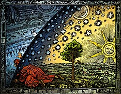 Hand-colored version of the Flammarion woodcut, depicting the Aristotelian conception of the universe that preceded the models of Copernicus and Thomas Digges.