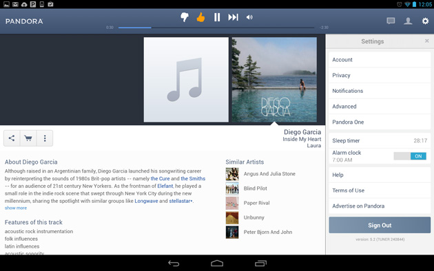 Pandora Radio on an Android tablet
