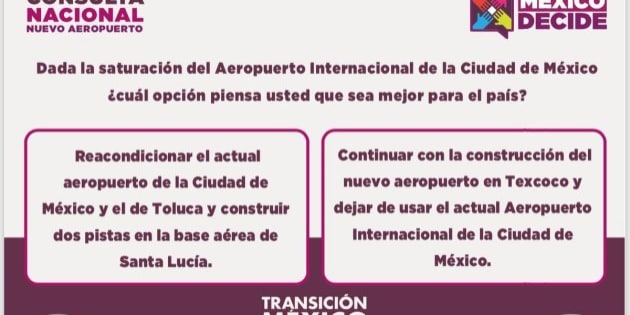 Estas serán las dos opciones a elegir en la consulta nacional sobre el Nuevo Aeropuerto Internacional de México.