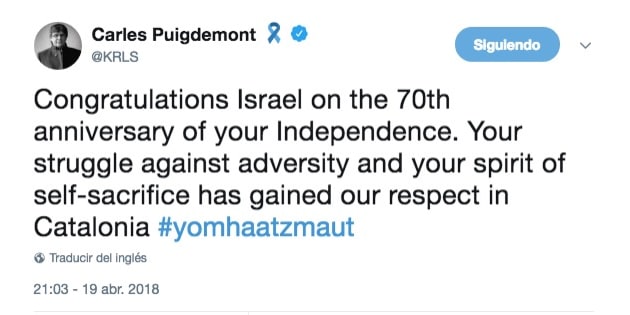 Resultado de imagen de puigdemont twitter independencia israel