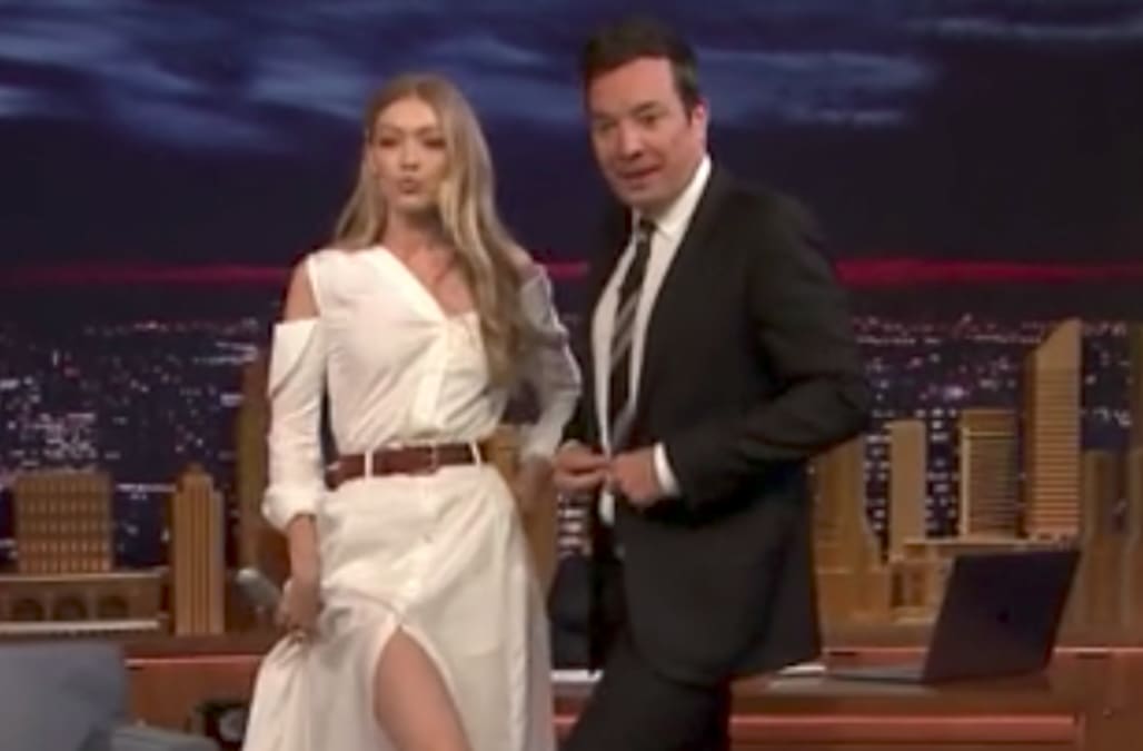 Jimmy Fallon Hilariously Models Gigi Hadids New Shoes On