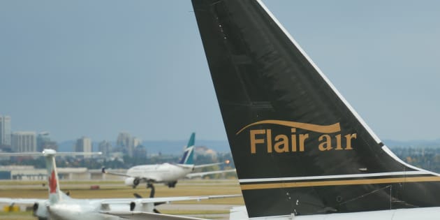 A view of a Flair Air plane at Calgary International Airport.