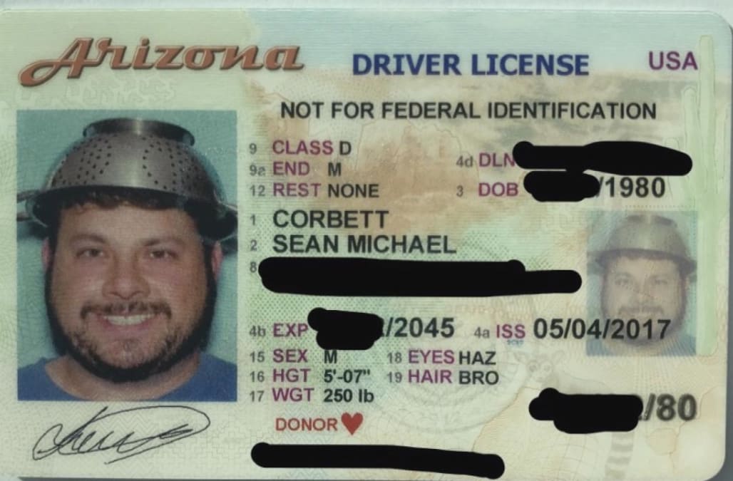 Image result for Arizona man gets approval to wear pasta strainer on his head in driver