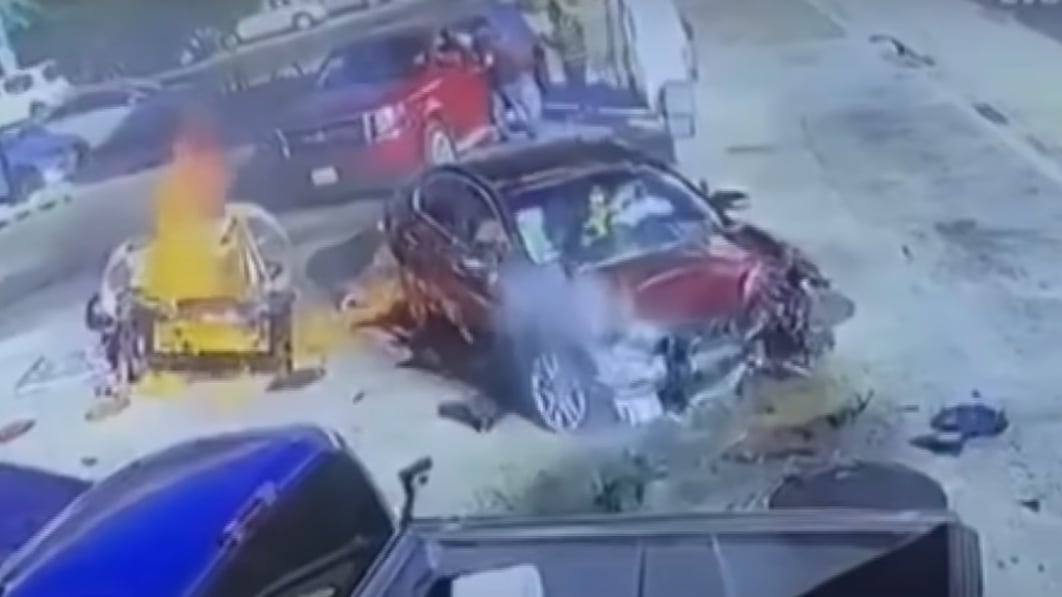 Watch a Nissan Maxima plow into a gas pump in California