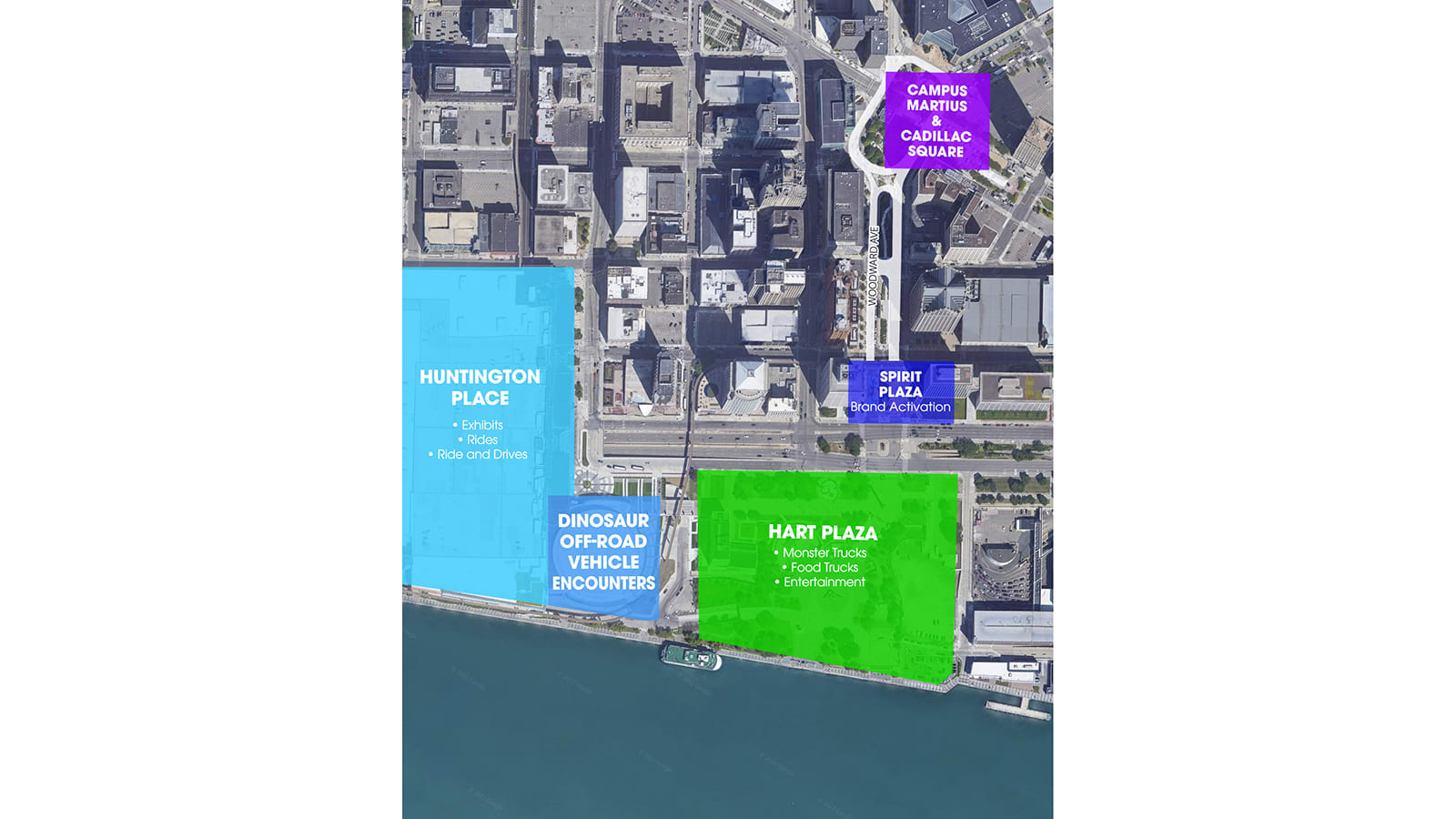 Mapa del SalÃ³n del AutomÃ³vil de Detroit 2022 que destaca Huntington Place, Hart Plaza, Spirit Plaza, Cadillac Square y Camp Martius