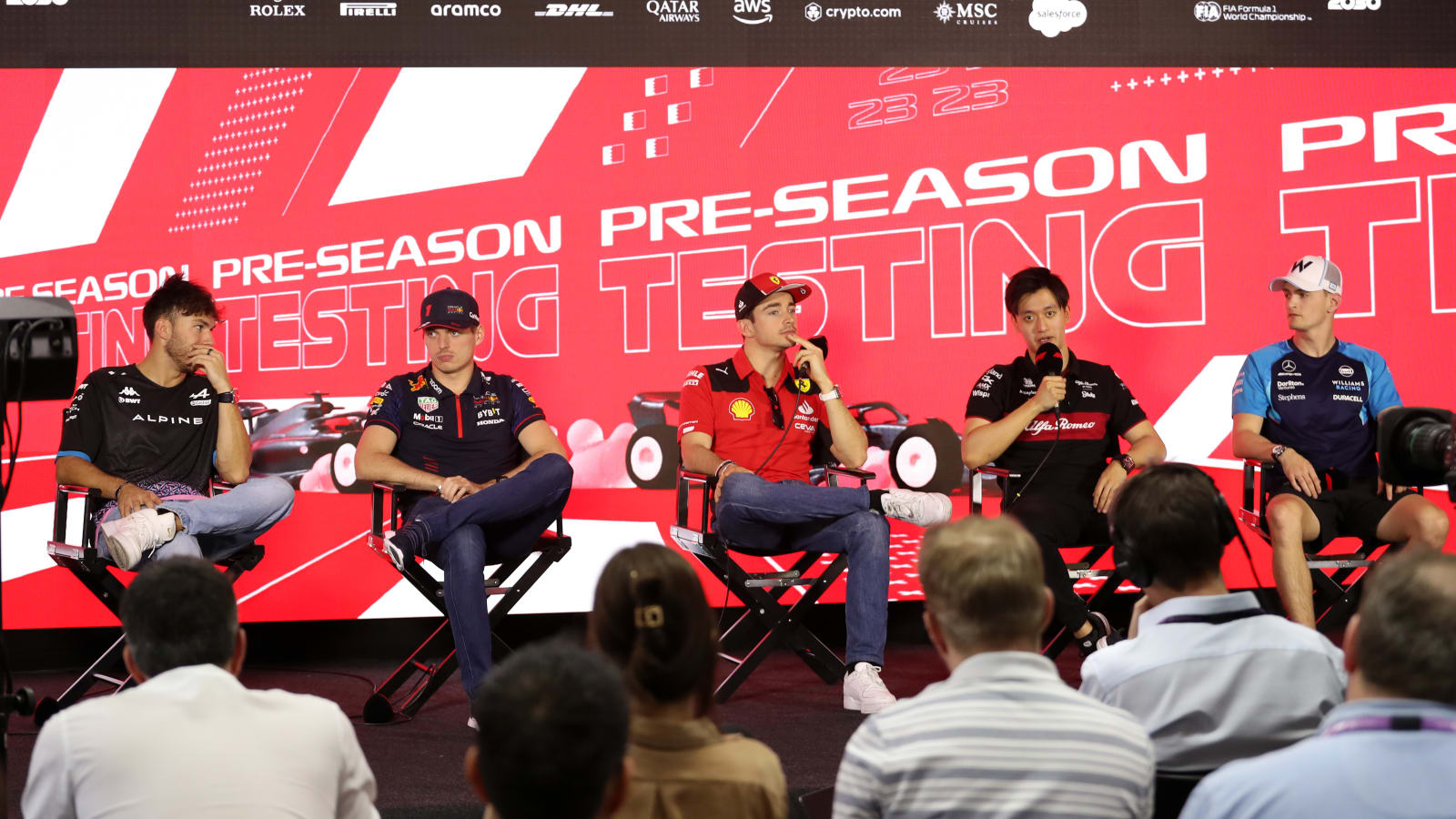 BAHRAIN, BAHRAIN - FEBRUARY 25: (L-R) Pierre Gasly of France and Alpine F1, Max Verstappen of the Netherlands and Oracle Red Bull Racing, Charles Leclerc of Monaco and Ferrari, Zhou Guanyu of China and Alfa Romeo F1 and Logan Sargeant of United States and Williams attend the Drivers Press Conference during day three of F1 Testing at Bahrain International Circuit on February 25, 2023 in Bahrain, Bahrain. (Photo by Peter Fox/Getty Images)