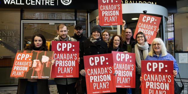 Protesters gather outside the CPPIB meeting in Vancouver on Nov. 26, 2018.
