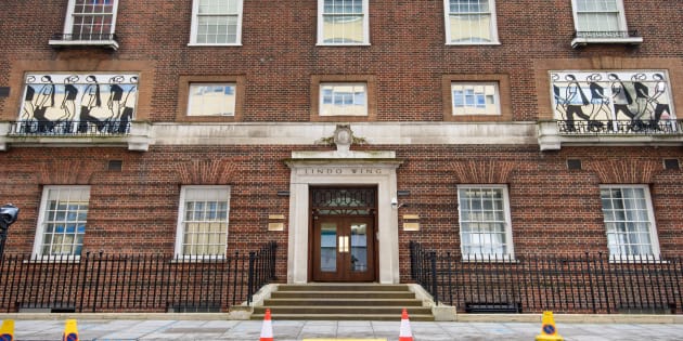 General view of the Lindo Wing, the private ward at St Mary's Hospital, London, where barriers were put up yesterday in anticipation of the Duchess of Cambridge having her third child there. Monday April 9th, 2018.