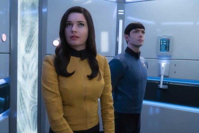 "Q&A" -- Episode SF #007 -- Pictured (l-r): Ethan Peck as Spock; Rebecca Romijn as Number One; of the the CBS All Access series STAR TREK: SHORT TREKS.
