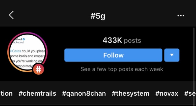 Instagram suggests hashtags associated with conspiracy theories when you search for "5G."