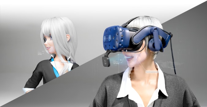 Concept image of HTC's Vive Facial Tracker as shown on a rendered individual.