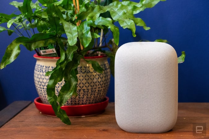 Smart Google Nest Audio speaker on a wooden tray next to a green plant on a blue wall.