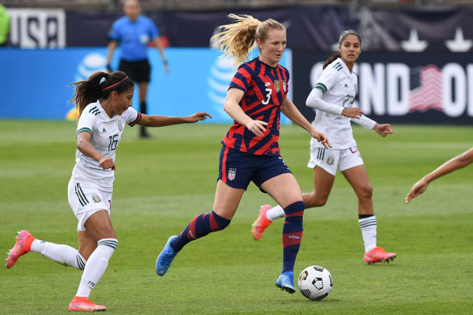 5 July 2021;  East Hartford, Connecticut, USA;  American midfielder Sam Mewis (3) defended in action against Mexico midfielder Nancy Antonio (16) in the first half during a USWNT football game at Pratt & Whitney Stadium.  Mandatory Credit: Dennis Schneidler-USA TODAY Sports