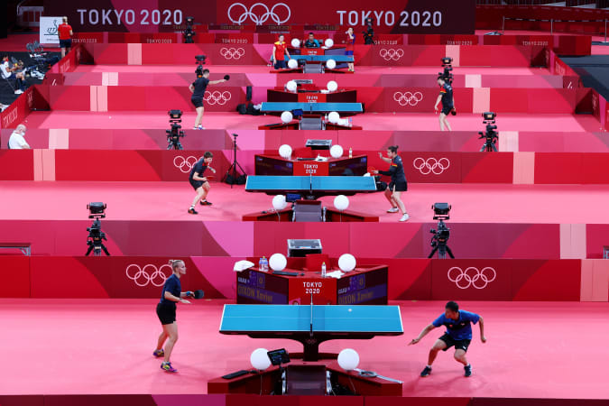 Tokyo 2020 Olympic Games - Table Tennis Training - Tokyo Metropolitan Gymnasium, Tokyo, Japan - July 20, 2021 General view of athletes during training REUTERS / Thomas Peter