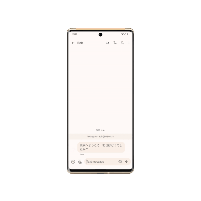 Live Translate on the Pixel 6 messages app. An animation showing a message being typed out in English in the Messages app and simultaneously translated to Japanese.