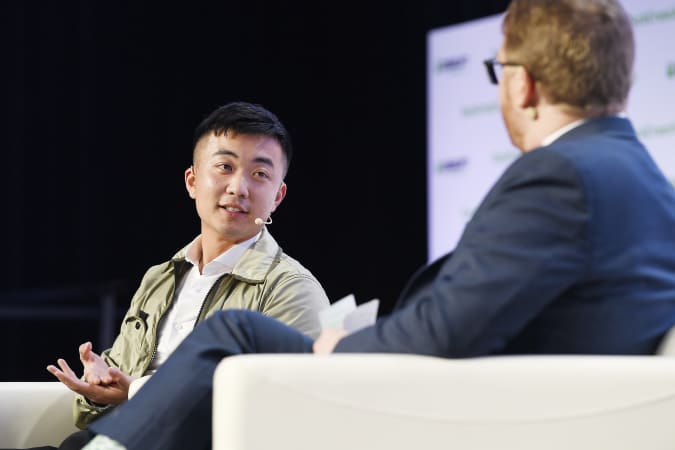 SAN FRANCISCO, CALIFORNIA - OCTOBER 04: (LR) OnePlus Co-founder Carl Pei and TechCrunch Hardware Editor Brian Heater speak onstage during TechCrunch Disrupt San Francisco 2019 at Moscone Convention Center on October 04, 2019 in San Francisco, California.  (Photo by Steve Jennings/Getty Images for TechCrunch)