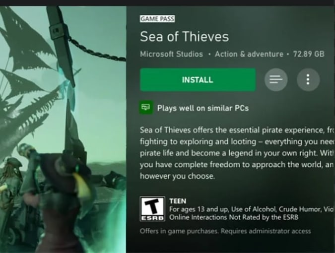 A screenshot of the Xbox PC app's game performance label. It shows the page for the game Sea of Thieves with text reading 