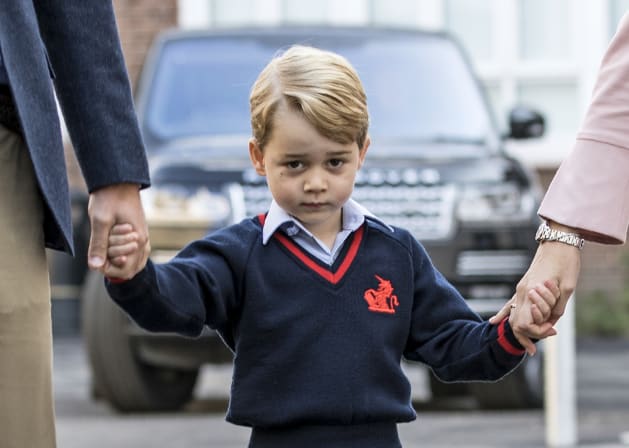 Prince George arrives for his first day of school at Thomas's Battersea, London, on Sept. 7, 2017. 
